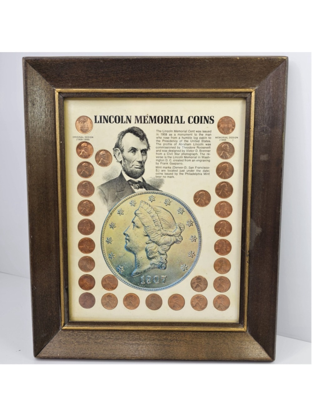 Vintage Lincoln Memorial Cent Coin Display Framed US Pennies Wall Decor